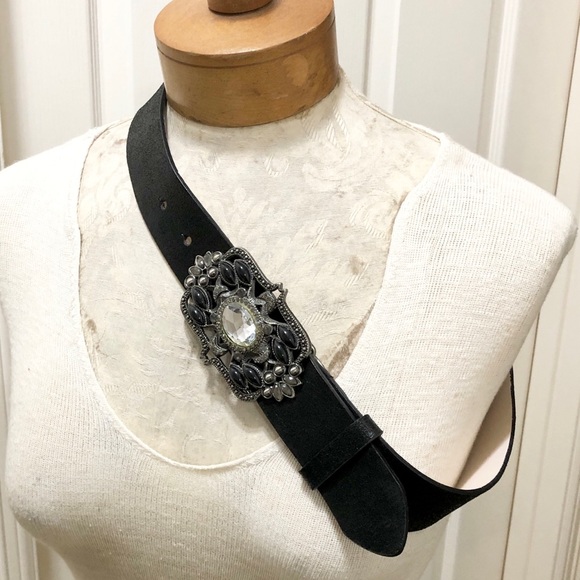 Express Women’s Black Faux Leather Belt, Fancy Rectangle Buckle with Crystals- M - Picture 16 of 17